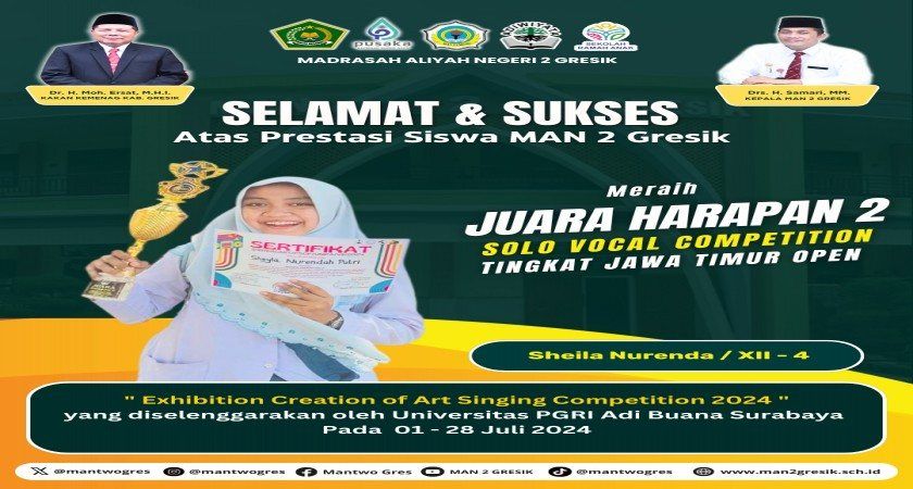 Siswa MAN 2 Gresik, Sheila Nurenda, Raih Juara Harapan 2 dalam Solo Vocal Competition se-Jawa Timur