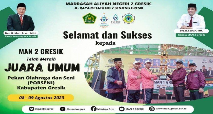 MAN 2 Gresik Mengukir Sejarah: Raih 19 Medali Emas dan Dinobatkan JUARA UMUM PORSENI Kabupaten Gresik untuk Ketiga Kalinya!