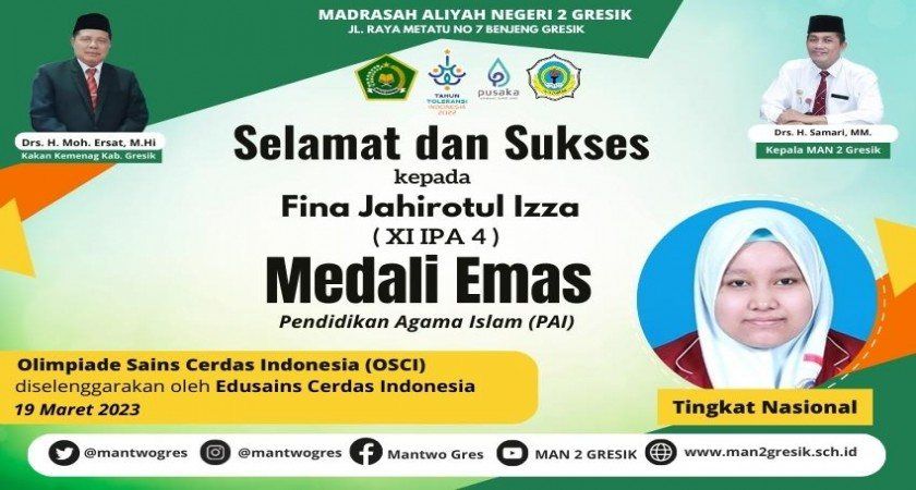 SISWI MAN 2 GRESIK RAIH  MEDALI EMAS BIDANG PAI
