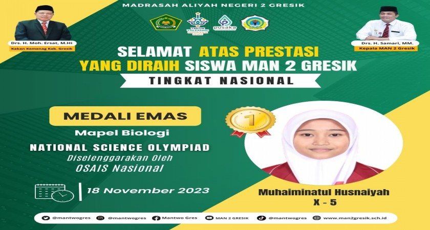 Siswa MAN 2 Gresik, Muhaiminatul Husnaiyah, Raih Medali Emas dalam National Science Olympiad 2023