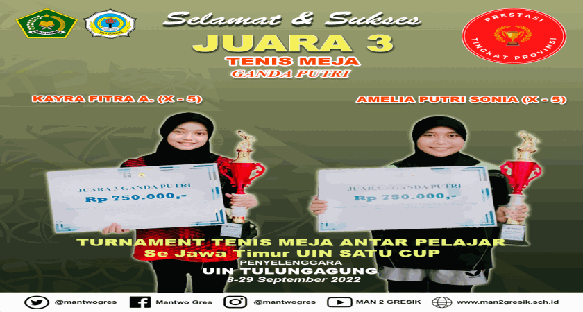 KAYRA DAN AMEL SISWI MAN 2 GRESIK RAIH JUARA 3 TENIS MEJA TINGKAT PROVINSI