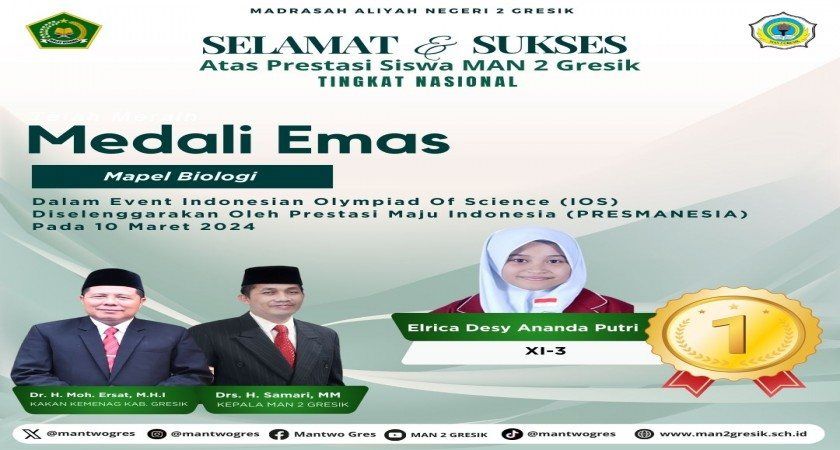 Elrica Desy Ananda Putri Meraih Medali Emas dalam Indonesian Olympiad Of Science (IOS)