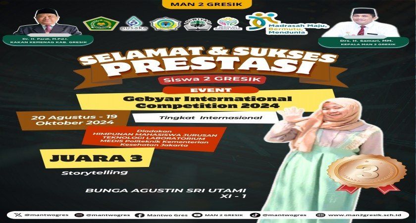 Kiprahnya di Story Telling Tak Pernah Padam, Bunga Agustin Siswa MAN 2 Gresik berhasil Raih Juara pada ajang Gebyar International Competition
