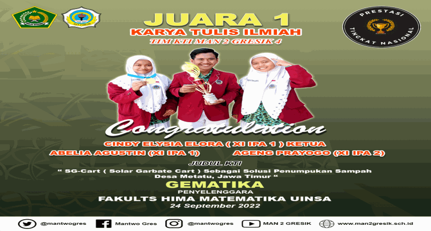 DUA TIM KARYA TULIS ILMIAH MAN 2 GRESIK  RAIH JUARA 1 DAN JUARA 3 PADA AJANG BERGENGSI DI UINSA SURABAYA