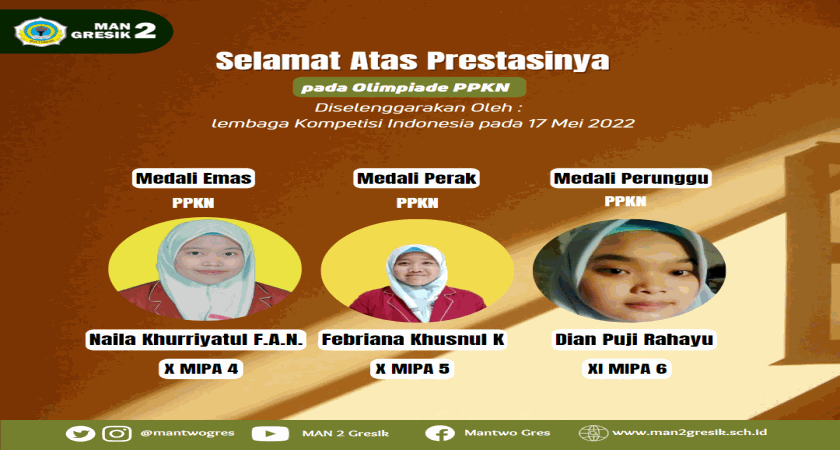 3 PELAJAR MAN 2 GRESIK RAIH MEDALI OLIMPIADE PPKN TINGKAT NASIONAL