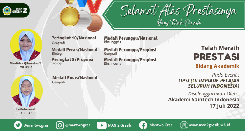 DUA SISWI MAN 2 GRESIK SUKSES RAIH MEDALI DALAM OLIMPIADE PELAJAR SELURUH INDONESIA