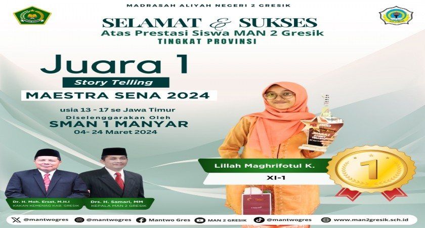 Prestasi Memukau dari MAN 2 Gresik: Lillah Mahgfirotul Karimah Juara 1 Storytelling di Maestra Sena