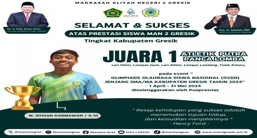 Muhammad Ikhsan Darmawan, Siswa MAN 2 Gresik, Raih Juara 1 Atletik Putra pada O2SN Kabupaten Gresik 2024