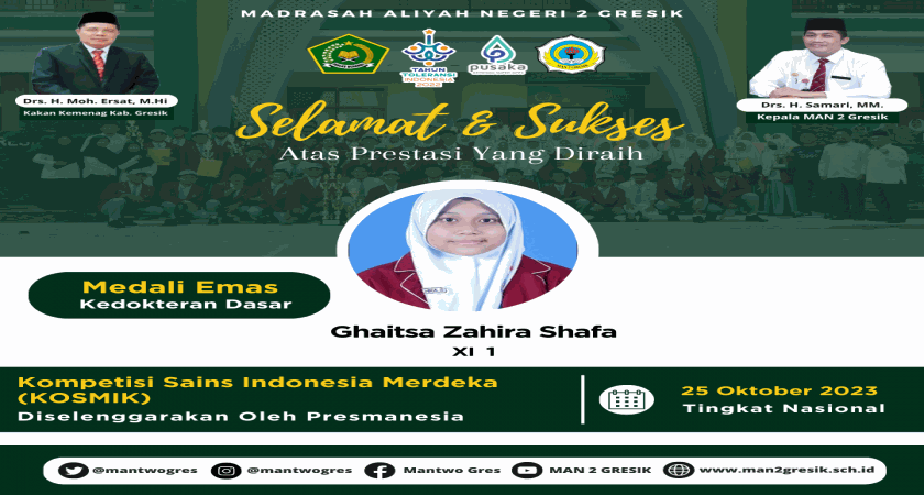 Ghaitsa Zahira Shafa dari MAN 2 Gresik Berjaya dengan Medali Emas di KOSMIK 202