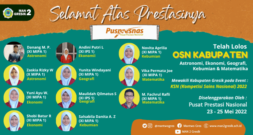 11 SISWA MAN 2 GRESIK UKIR PRESTASI PADA OSN-K 2022