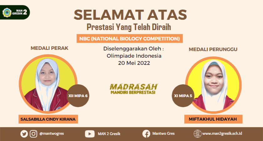 2 SISWI MAN 2 GRESIK KEMBALI MERAIH MEDALI PADA NATIONAL BIOLOGI COMPETITION 2022
