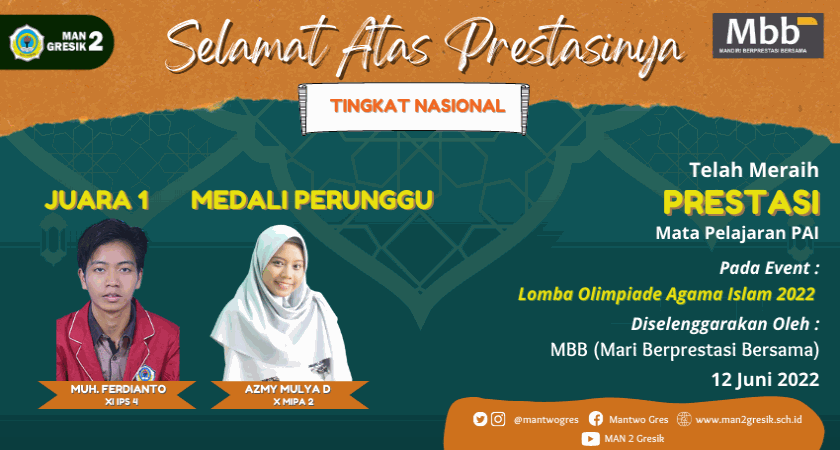 2 SISWA MAN 2 GRESIK RAIH KESUKSESAN PADA LOMBA OLIMPIADE PAI NASIONAL