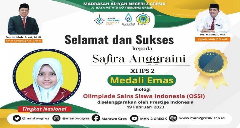 SAFIRA DARI MAN 2 GRESIK SABET MEDALI EMAS OLIMPIADE BIOLOGI NASIONAL