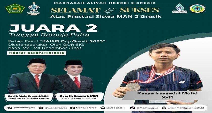 Rasya Irsayadul Mufid, Siswa MAN 2 Gresik, Raih Juara 2 Bulu Tangkis di KAJARI Cup Gresik 2023