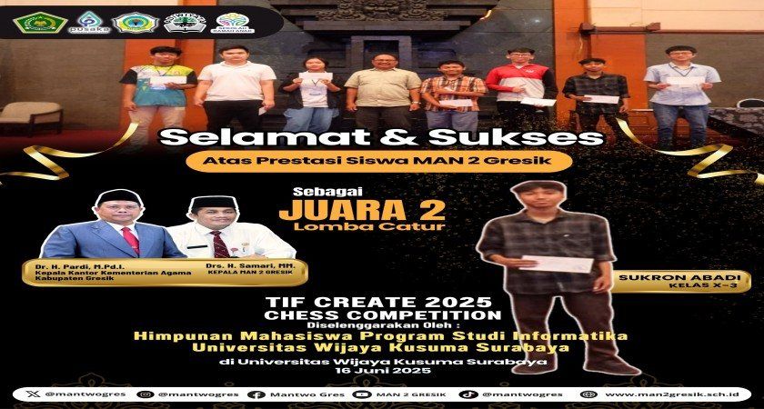 Sukron Abadi, Siswa MAN 2 Gresik Raih Juara 2 Lomba Catur di Universitas Wijaya Kusuma Surabaya