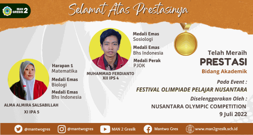 DUA SISWA ANDALAN MAN 2 GRESIK RAIH MEDALI PADA FESTIVAL OLIMPIADE PELAJAR NUSANTARA