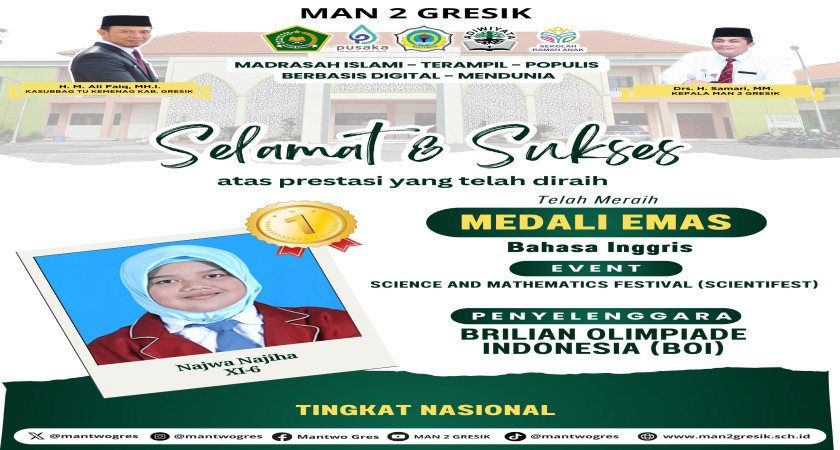Najwa Najiha Harumkan MAN 2 Gresik, Raih Medali Emas Bahasa Inggris Tingkat Nasional