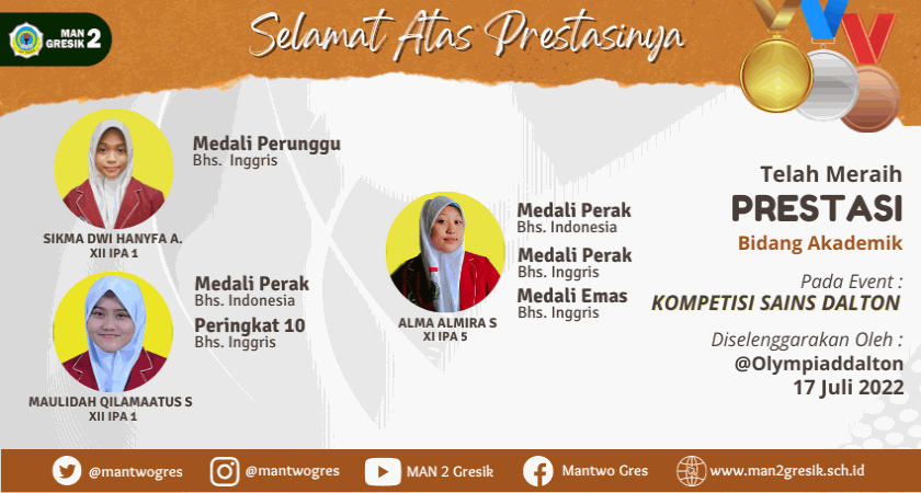RAIH MEDALI DALAM KOMPETISI SAINS DALTON, TIGA SISWA MAN 2 GRESIK TAMPIL LUAR BIASA