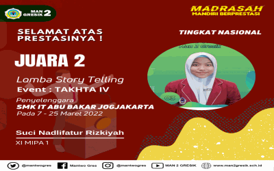 SUCI, SISWI MAN 2 GRESIK RAIH JUARA 2 STORY TELLING PADA TAKHTA IV TINGKAT NASIONAL