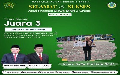 Naura Najjah Syakhira dari MAN 2 Gresik Meraih Juara 3 dalam Lomba KTI di Milad Universitas Muhammadiyah Sidoarjo