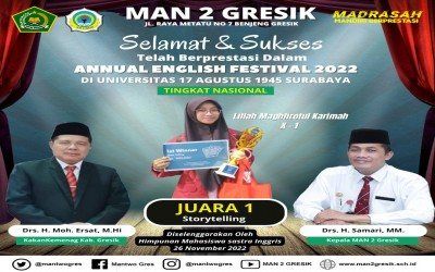 RAIH JUARA 1 STORYTELLING TINGKAT NASIONAL, LILLAH MENJADI KEBANGGAAN MAN 2 GRESIK