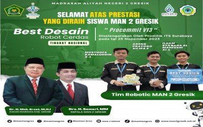 Tim Robotic MAN 2 Gresik Meraih Best Design Robot Cerdas Tingkat Nasional dalam Procommit V13 di ITS Surabaya